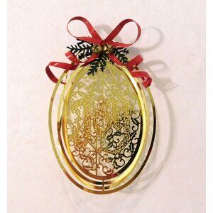 Vintage Joy Christmas Ornament Laser Cut Gold Tone Red Bow Bells